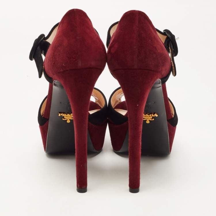 Pre Owned Prada Burgundy/Black Suede Peep Toe Platform Ankle Strap Sandals Size 39