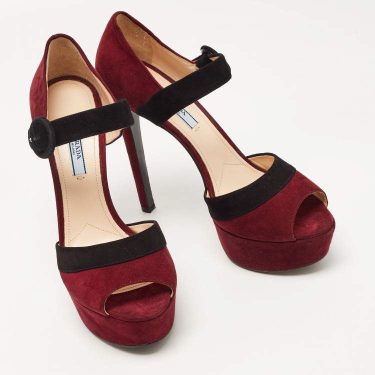 Pre Owned Prada Burgundy/Black Suede Peep Toe Platform Ankle Strap Sandals Size 39