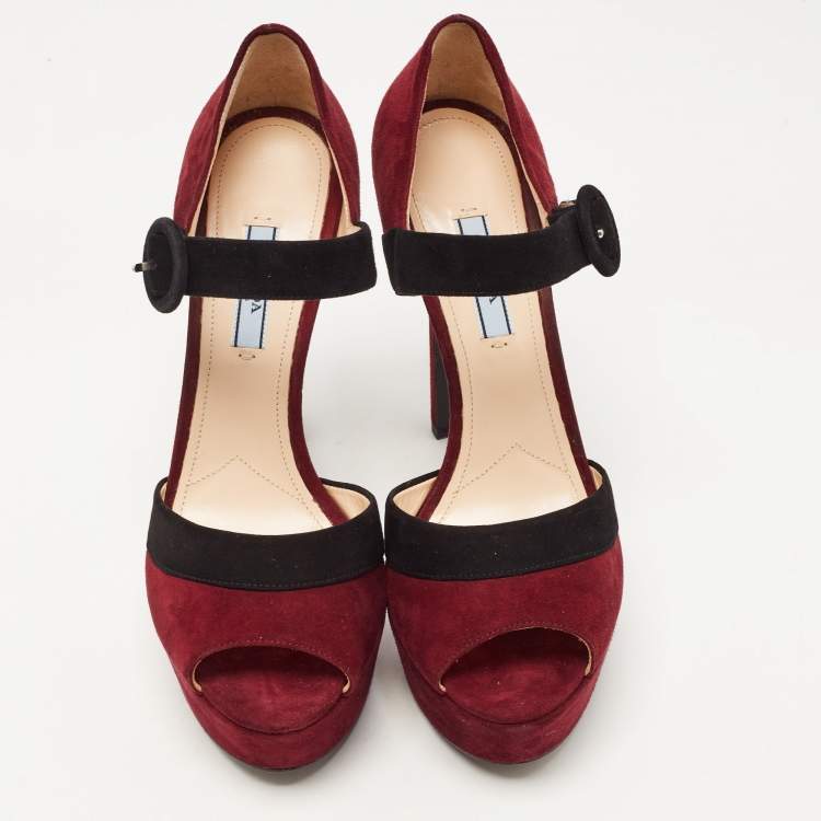 Pre Owned Prada Burgundy/Black Suede Peep Toe Platform Ankle Strap Sandals Size 39