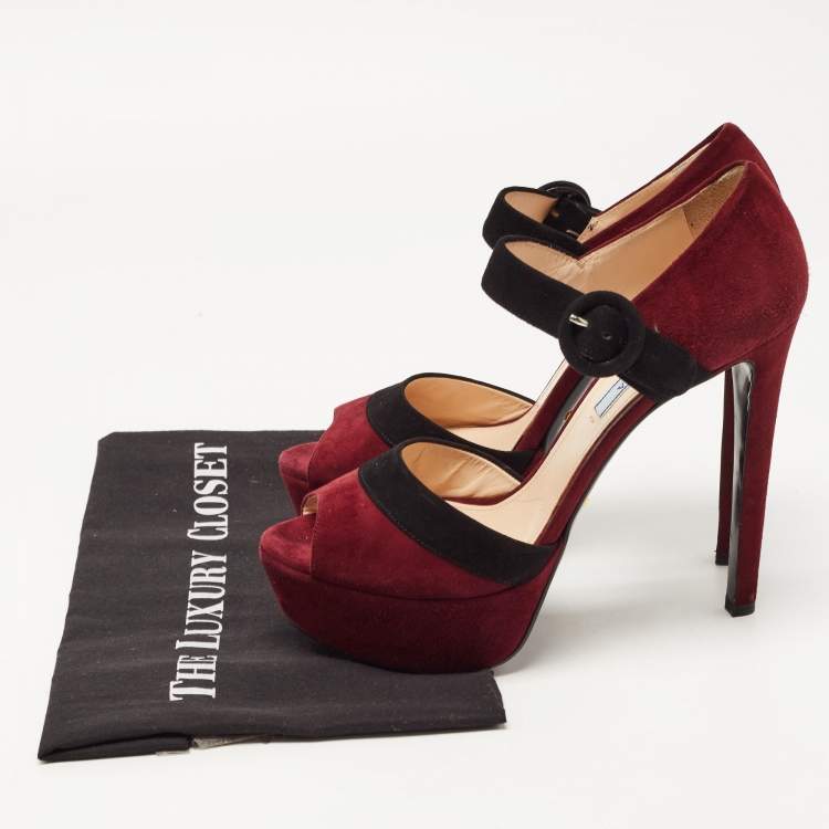 Pre Owned Prada Burgundy/Black Suede Peep Toe Platform Ankle Strap Sandals Size 39