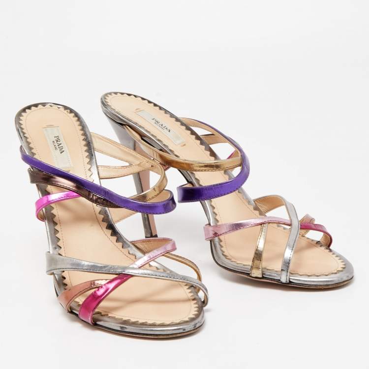 Pre Owned Prada Multicolor Leather Strappy Slide Sandals Size 40