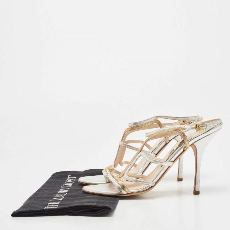 Pre Owned Prada Silver/Gold Leather Strappy Sandals Size 39.5