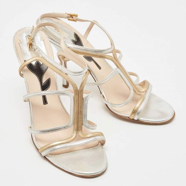 Pre Owned Prada Silver/Gold Leather Strappy Sandals Size 39.5