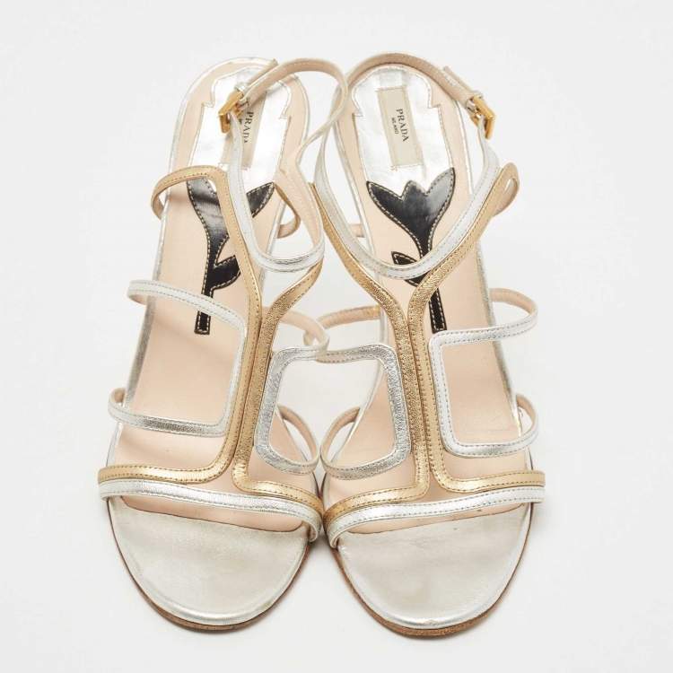 Pre Owned Prada Silver/Gold Leather Strappy Sandals Size 39.5