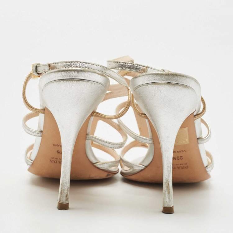 Pre Owned Prada Silver/Gold Leather Strappy Sandals Size 39.5