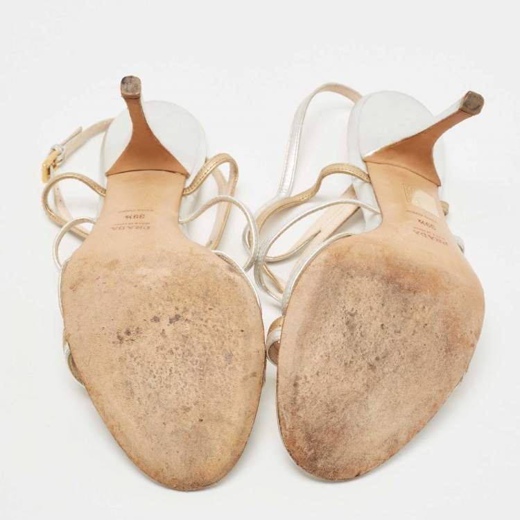 Pre Owned Prada Silver/Gold Leather Strappy Sandals Size 39.5