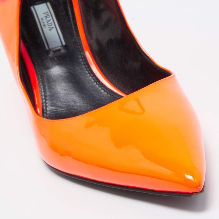 Pre Owned Prada Orange Patent Leather Mary Jane Block Heel Pumps Size 40