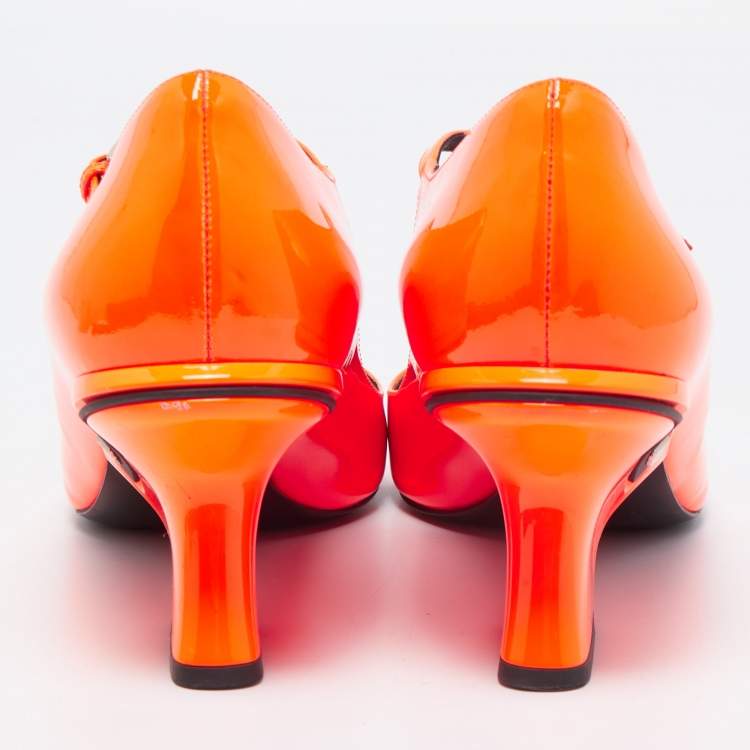 Pre Owned Prada Orange Patent Leather Mary Jane Block Heel Pumps Size 40