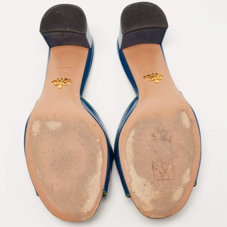 Pre Owned Prada Blue Saffiano Vernice Leather Slide Sandals Size 37
