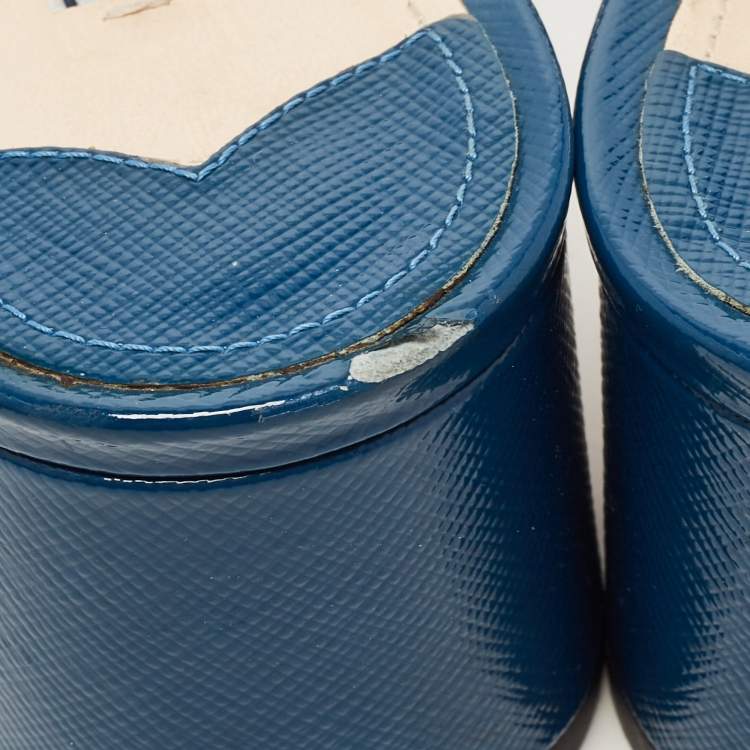 Pre Owned Prada Blue Saffiano Vernice Leather Slide Sandals Size 37