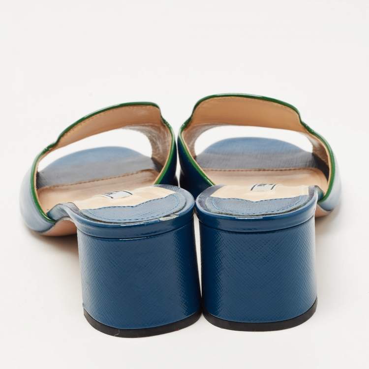 Pre Owned Prada Blue Saffiano Vernice Leather Slide Sandals Size 37