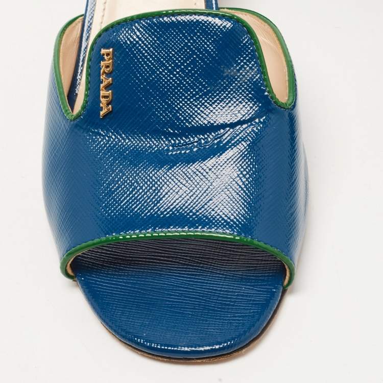 Pre Owned Prada Blue Saffiano Vernice Leather Slide Sandals Size 37