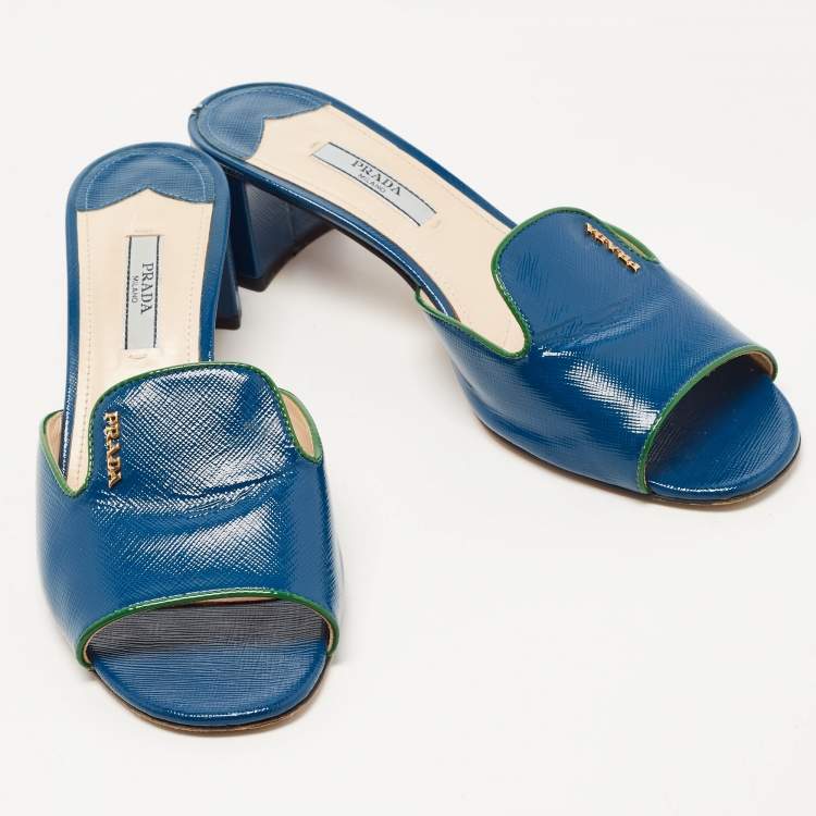 Pre Owned Prada Blue Saffiano Vernice Leather Slide Sandals Size 37