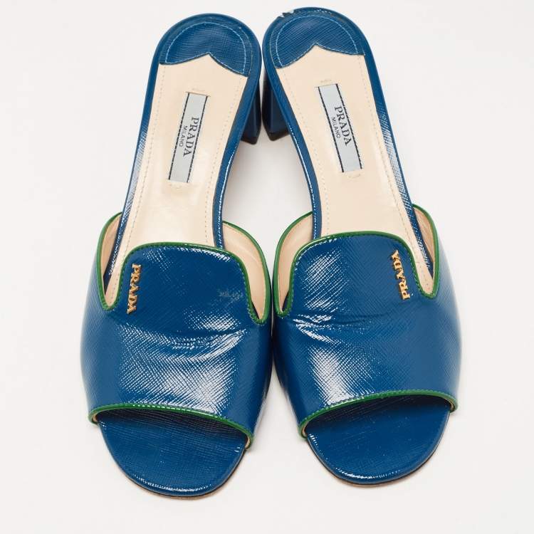 Pre Owned Prada Blue Saffiano Vernice Leather Slide Sandals Size 37