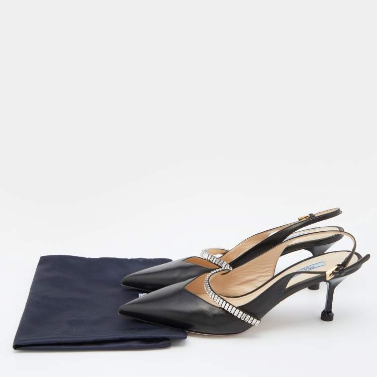 Pre Owned Prada Black Leather Crystal Embellished Slingback Pumps Size 39