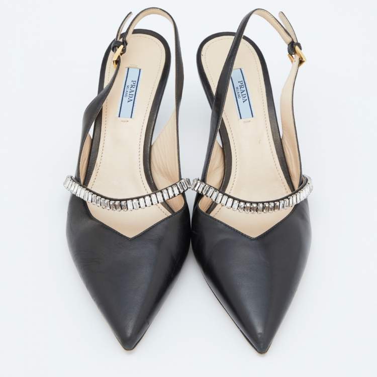 Pre Owned Prada Black Leather Crystal Embellished Slingback Pumps Size 39
