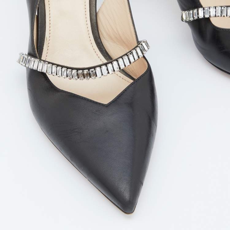 Pre Owned Prada Black Leather Crystal Embellished Slingback Pumps Size 39