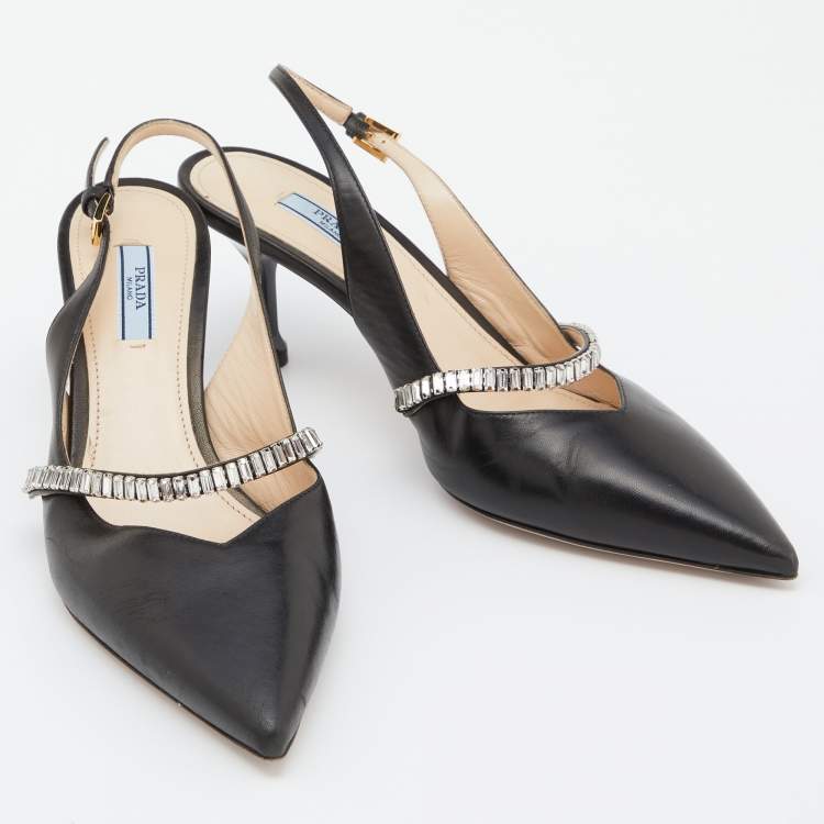 Pre Owned Prada Black Leather Crystal Embellished Slingback Pumps Size 39
