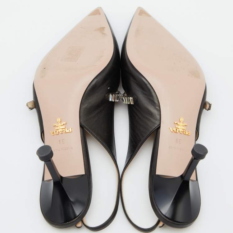 Pre Owned Prada Black Leather Crystal Embellished Slingback Pumps Size 39