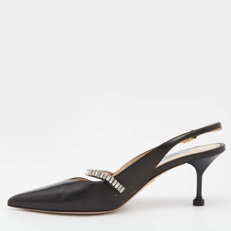 Pre Owned Prada Black Leather Crystal Embellished Slingback Pumps Size 39
