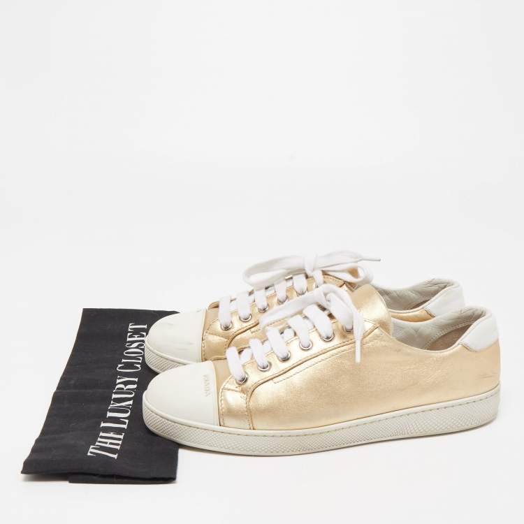 Pre Owned Prada Gold/White Leather and Rubber Low Top Sneakers Size 38