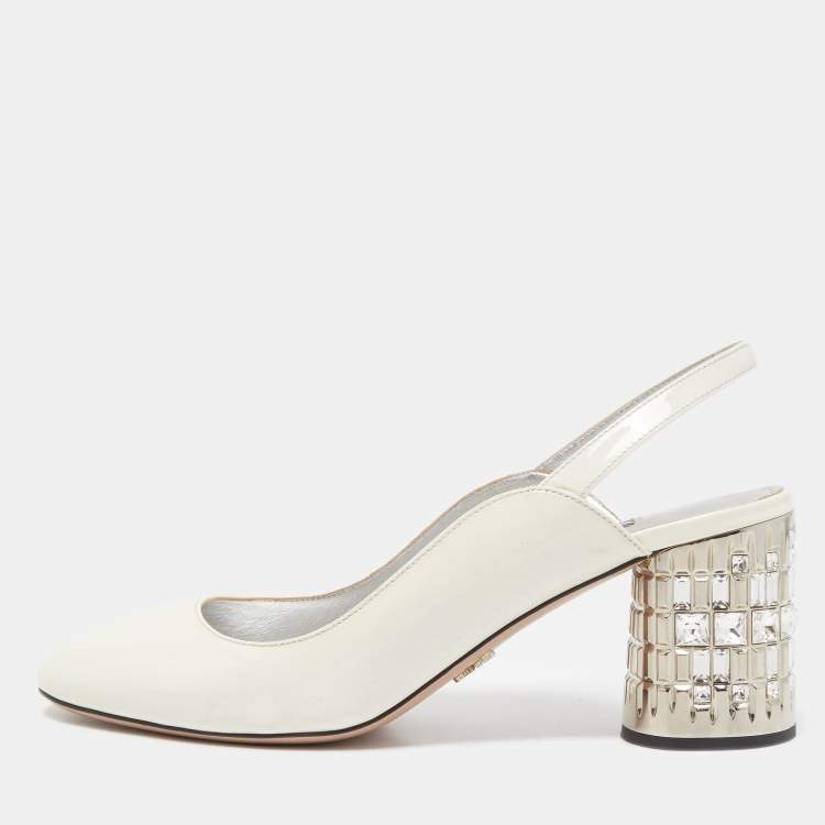 Pre Owned Prada White Patent Leather Slingback Pumps Size 39