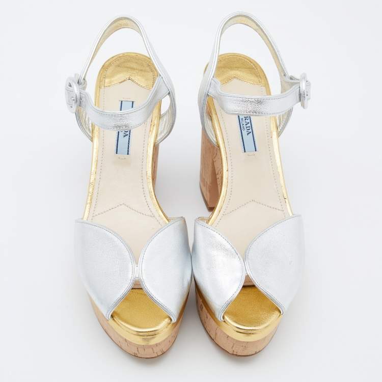 Pre Owned Prada Silver/Gold Leather Platform Block Heel Ankle Strap Sandals Size 38