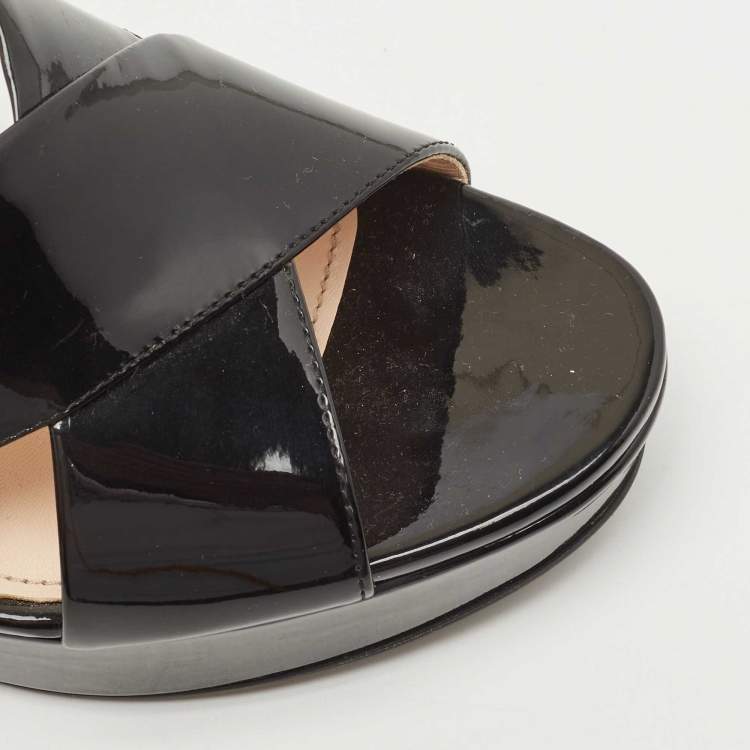 Pre Owned Prada Black Patent Leather Platform Wedge Slide Sandals Size 38