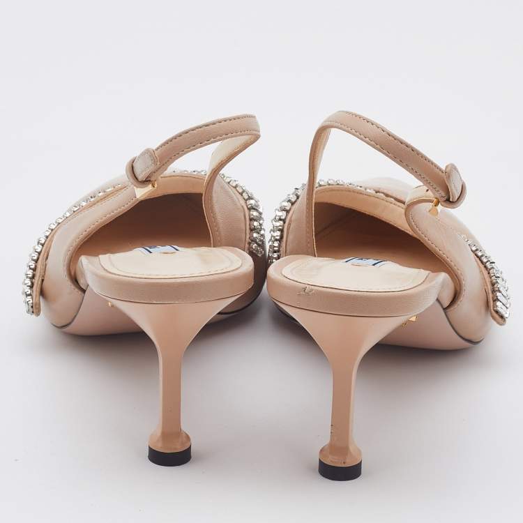 Pre Owned Prada Beige Leather Crystal Embellished Slingback Pumps Size 39