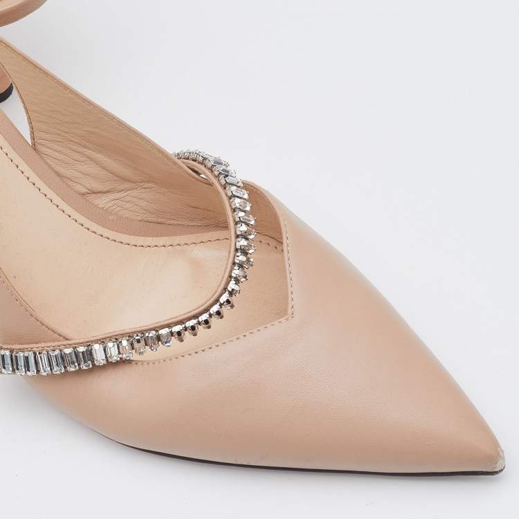 Pre Owned Prada Beige Leather Crystal Embellished Slingback Pumps Size 39