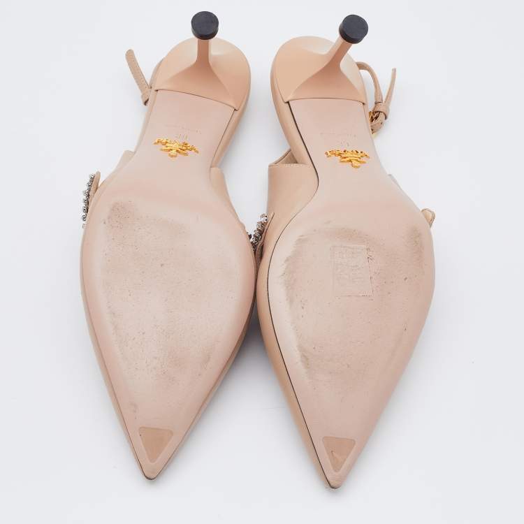 Pre Owned Prada Beige Leather Crystal Embellished Slingback Pumps Size 39