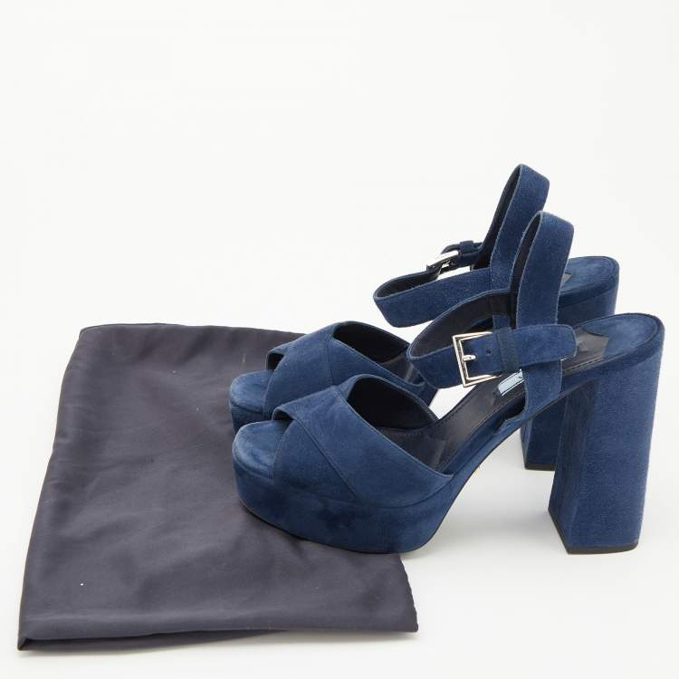 Pre Owned Prada Blue Suede Block Heel Platform Ankle Strap Sandals Size 38.5