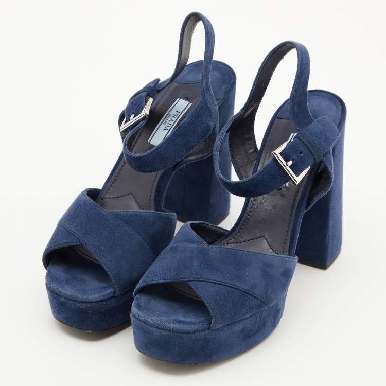 Pre Owned Prada Blue Suede Block Heel Platform Ankle Strap Sandals Size 38.5