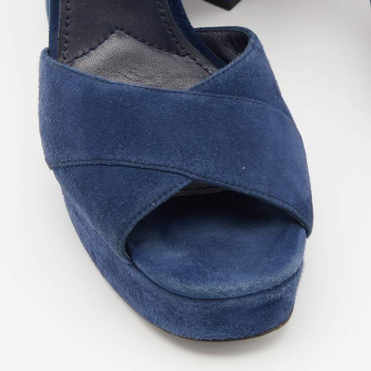 Pre Owned Prada Blue Suede Block Heel Platform Ankle Strap Sandals Size 38.5