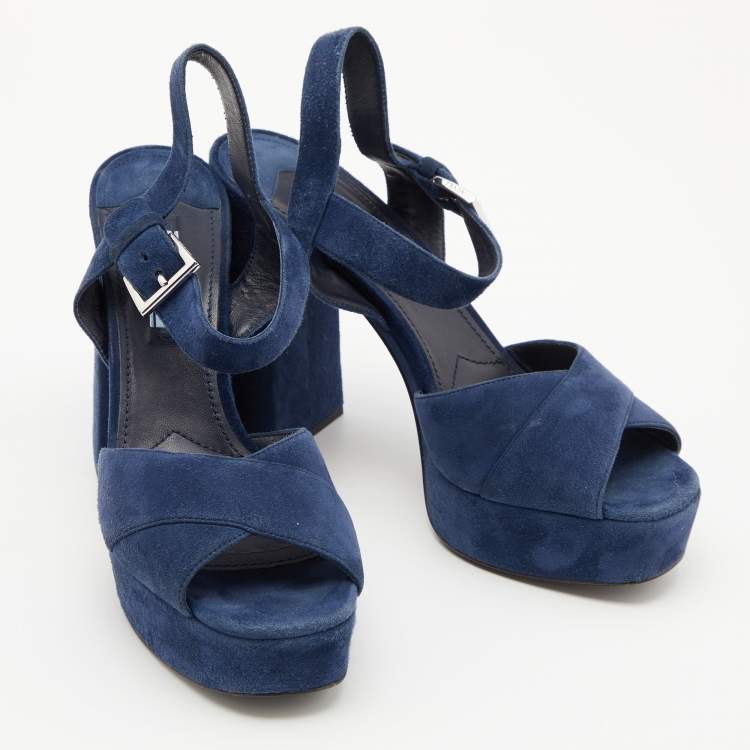 Pre Owned Prada Blue Suede Block Heel Platform Ankle Strap Sandals Size 38.5