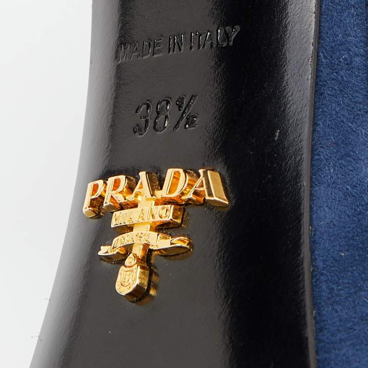 Pre Owned Prada Blue Suede Block Heel Platform Ankle Strap Sandals Size 38.5