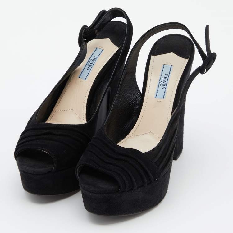Pre Owned Prada Black Pleated Suede Peep Toe Platform Slingback Pumps Size 38.5