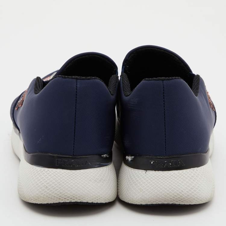Pre Owned Prada Navy Blue Fabric Slip On Sneakers Size 38.5
