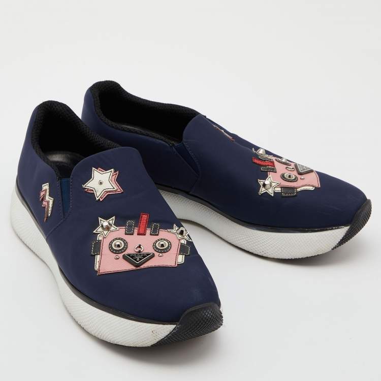 Pre Owned Prada Navy Blue Fabric Slip On Sneakers Size 38.5