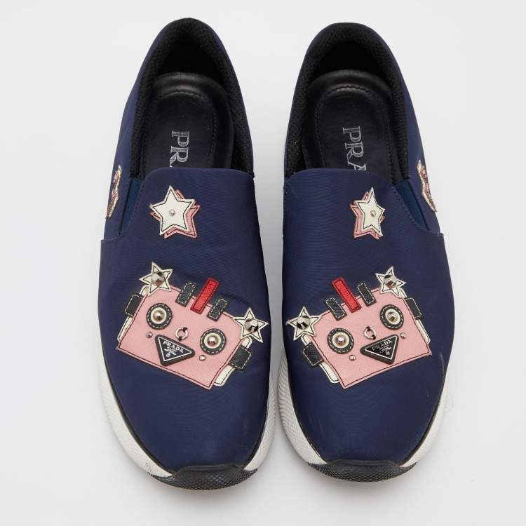 Pre Owned Prada Navy Blue Fabric Slip On Sneakers Size 38.5