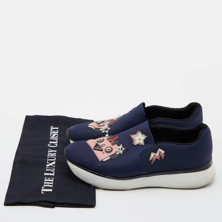Pre Owned Prada Navy Blue Fabric Slip On Sneakers Size 38.5