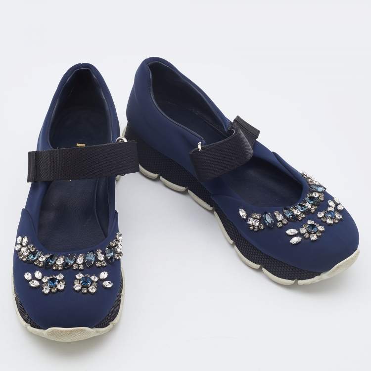 Pre Owned Prada Navy Blue Fabric Crystal Embellished Mary Jane Sneakers Size 38