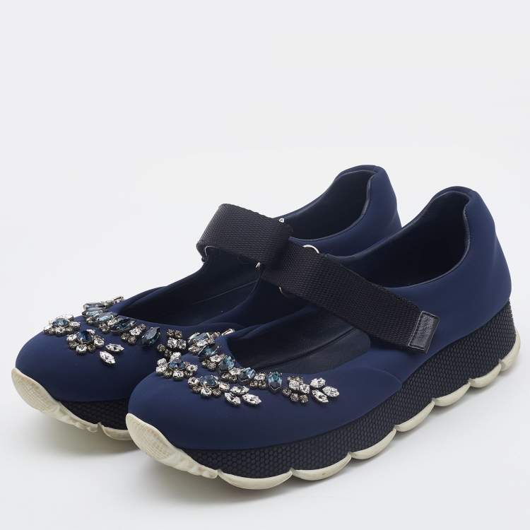 Pre Owned Prada Navy Blue Fabric Crystal Embellished Mary Jane Sneakers Size 38