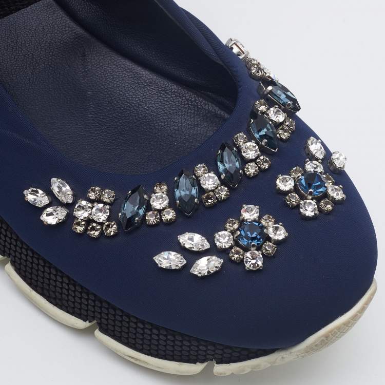 Pre Owned Prada Navy Blue Fabric Crystal Embellished Mary Jane Sneakers Size 38