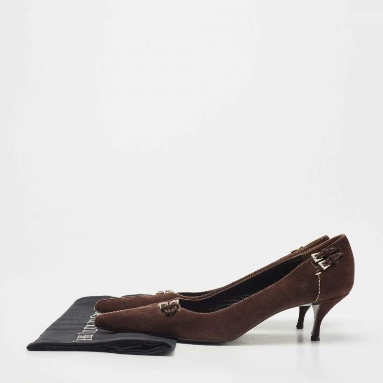 Pre Owned Prada Brown Suede Buckle Embellished Pointed Toe Pumps Size 37.5