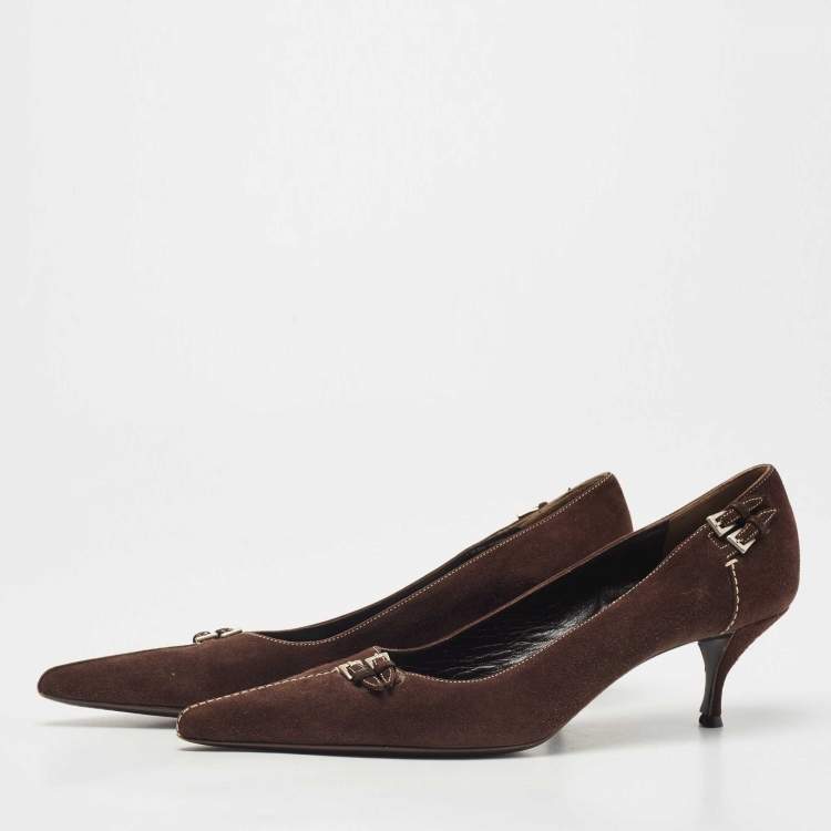 Pre Owned Prada Brown Suede Buckle Embellished Pointed Toe Pumps Size 37.5