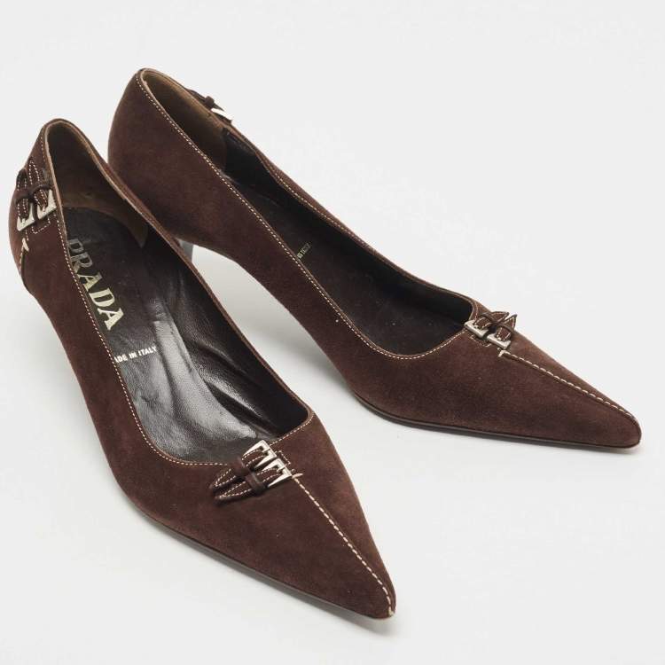 Pre Owned Prada Brown Suede Buckle Embellished Pointed Toe Pumps Size 37.5