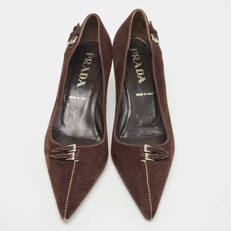 Pre Owned Prada Brown Suede Buckle Embellished Pointed Toe Pumps Size 37.5