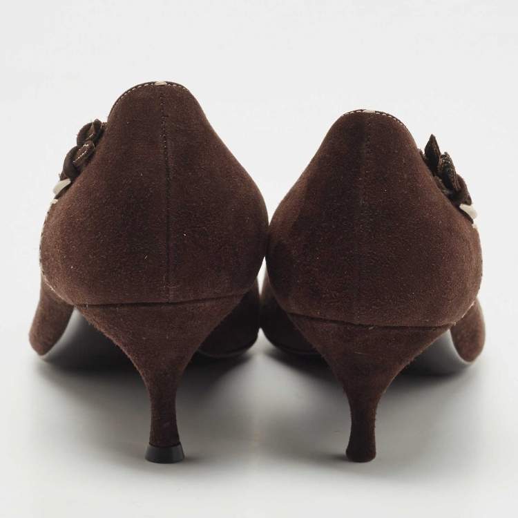 Pre Owned Prada Brown Suede Buckle Embellished Pointed Toe Pumps Size 37.5