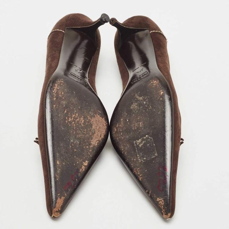 Pre Owned Prada Brown Suede Buckle Embellished Pointed Toe Pumps Size 37.5